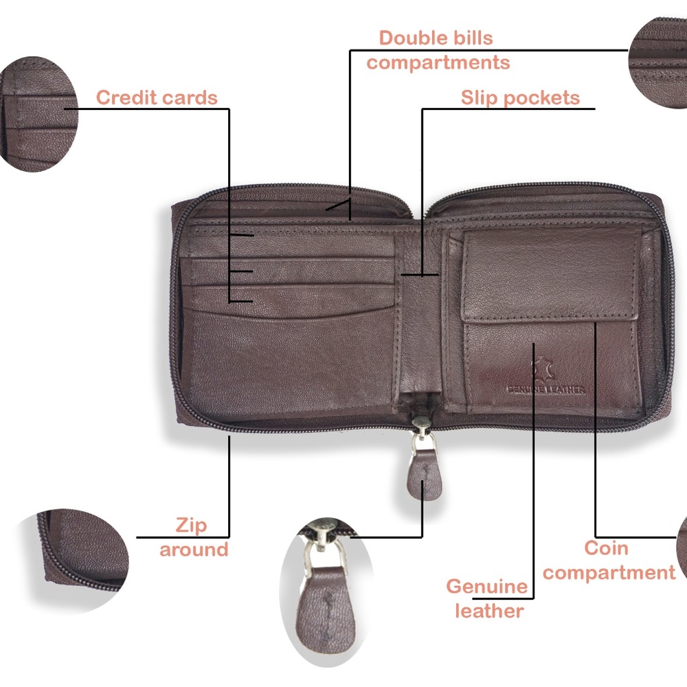 Genuine Leather Zip Around Mens Wallet Brown